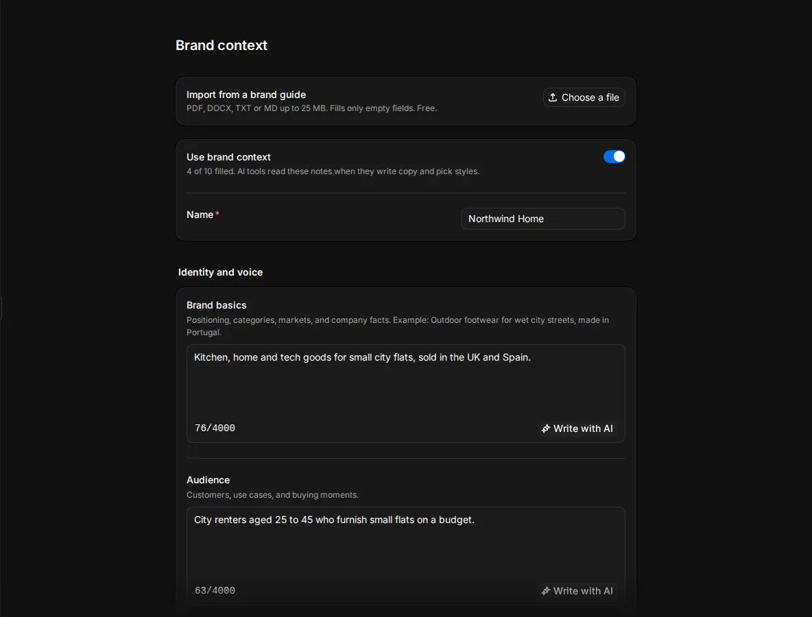 The Brand context settings page with Brand basics and Voice filled and the What AI tools read preview