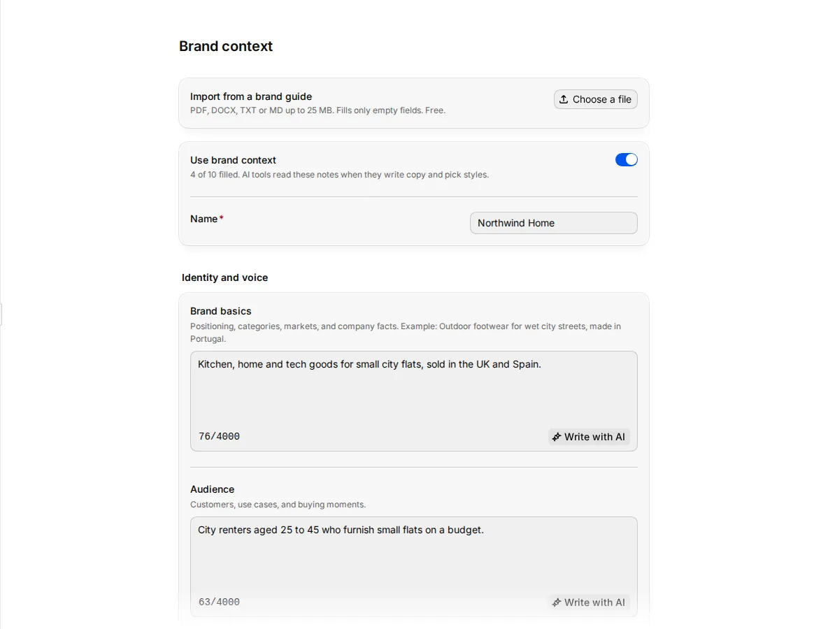The Brand context settings page with Brand basics and Voice filled and the What AI tools read preview