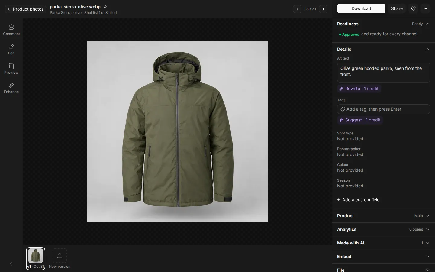 A file open in the asset view, with the record on the right