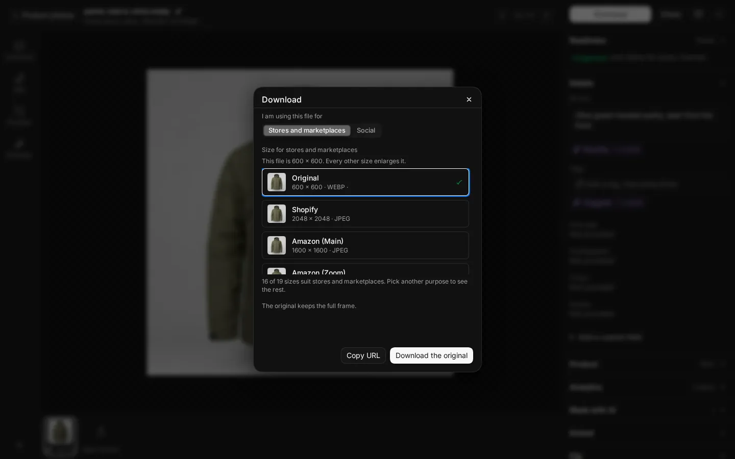 The Download dialog with Amazon (Main) selected and Crop to fill