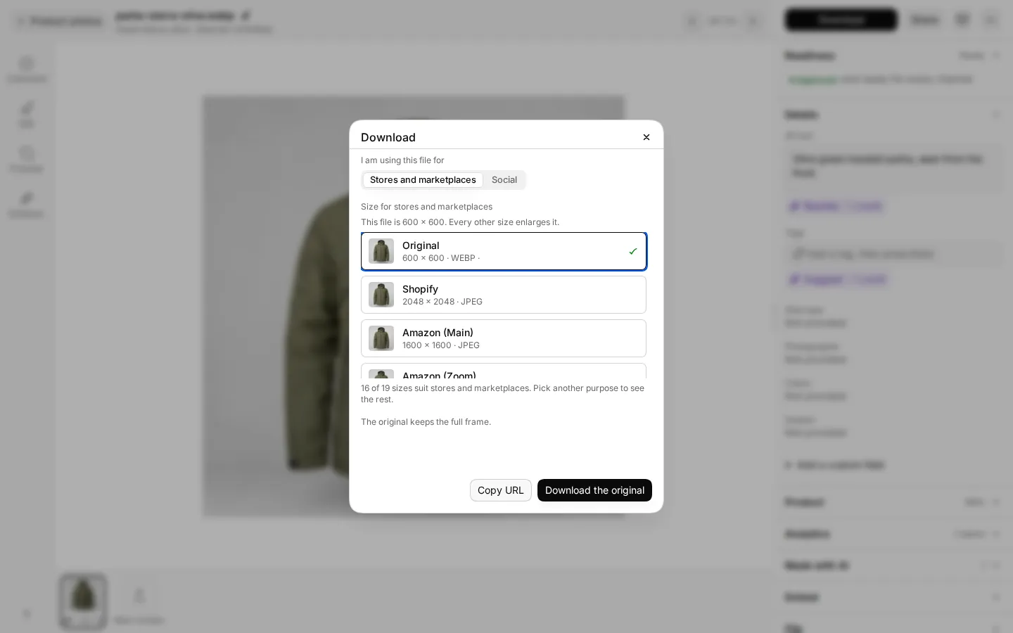 The Download dialog with Amazon (Main) selected and Crop to fill