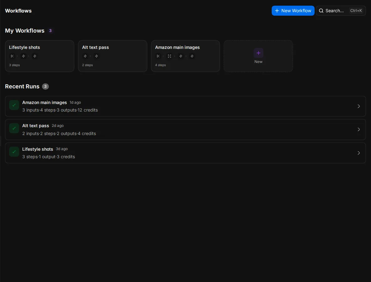 The Flows page with three saved workflows under My Workflows and the Recent Runs list