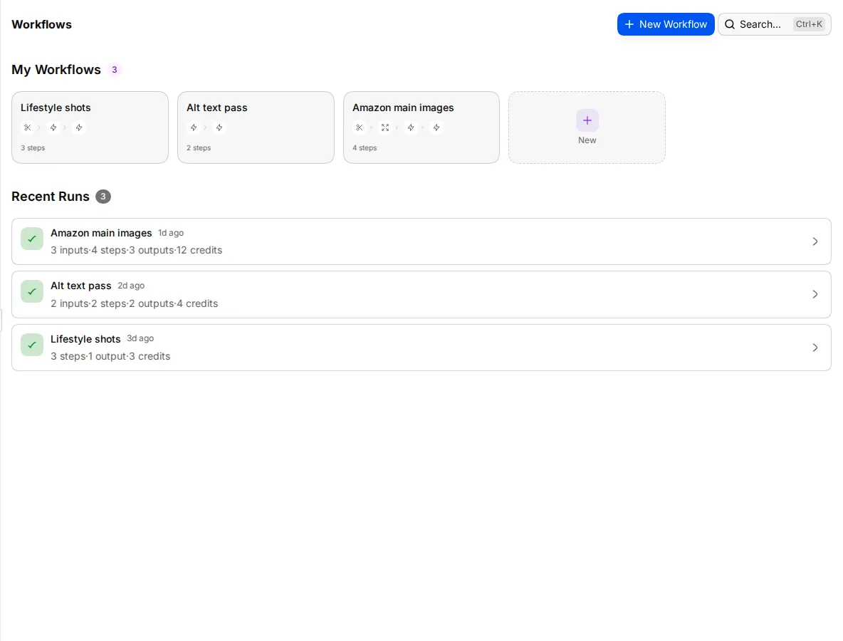 The Flows page with three saved workflows under My Workflows and the Recent Runs list