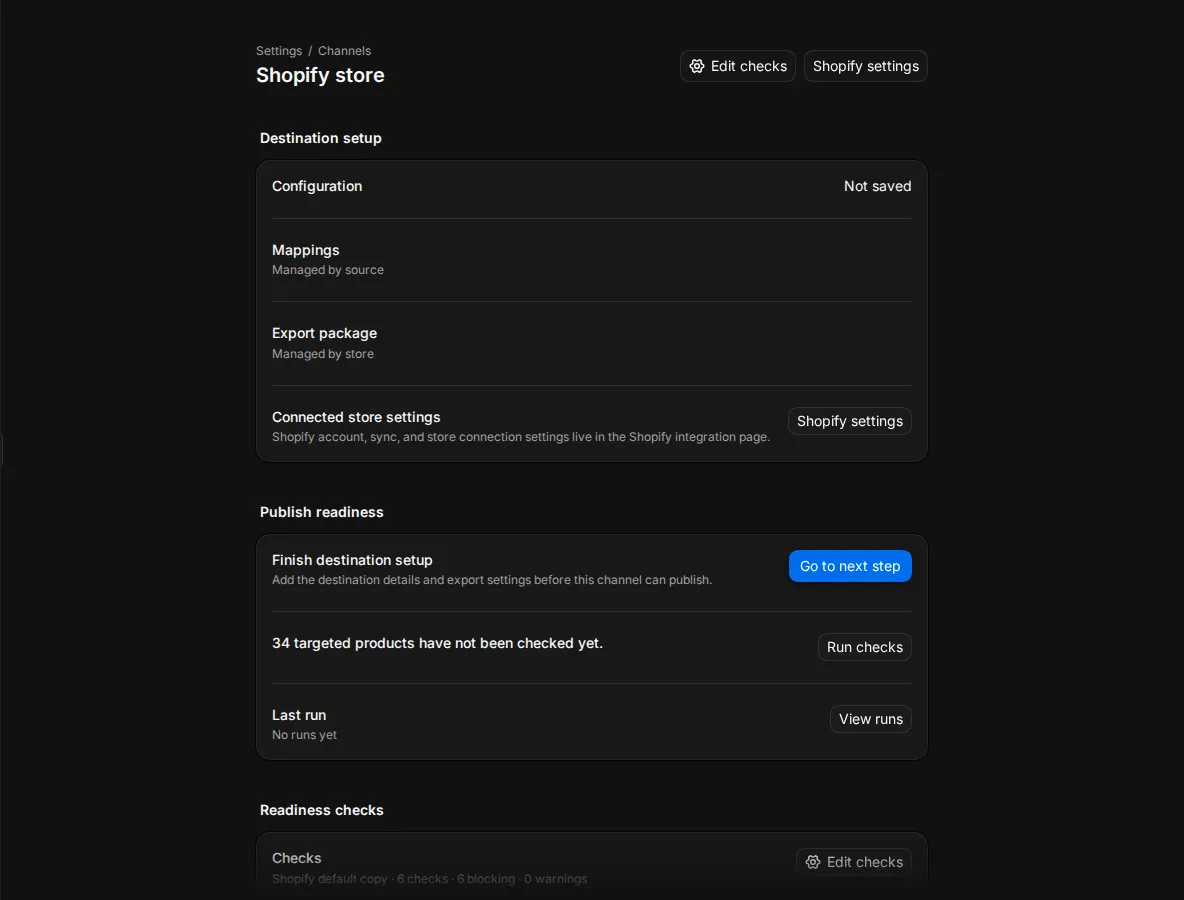 A channel page with Publish readiness counts, the readiness checks and the targeting rules