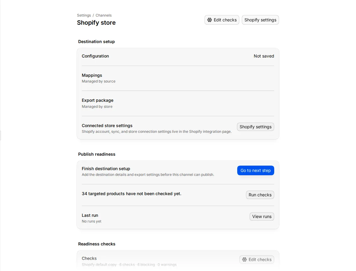 A channel page with Publish readiness counts, the readiness checks and the targeting rules