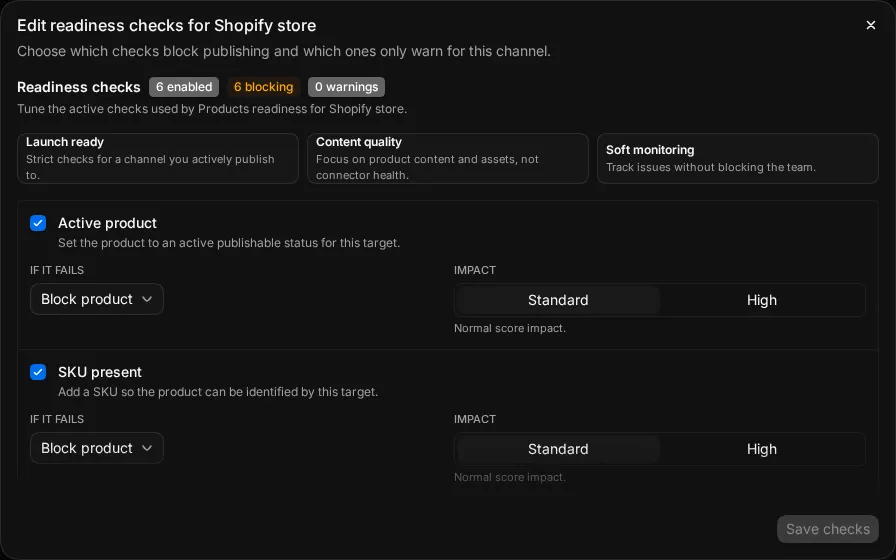 The Edit readiness checks dialog with checks, If it fails choices and Impact