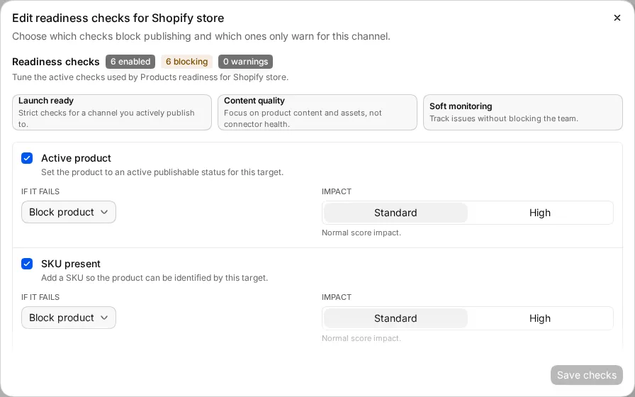 The Edit readiness checks dialog with checks, If it fails choices and Impact