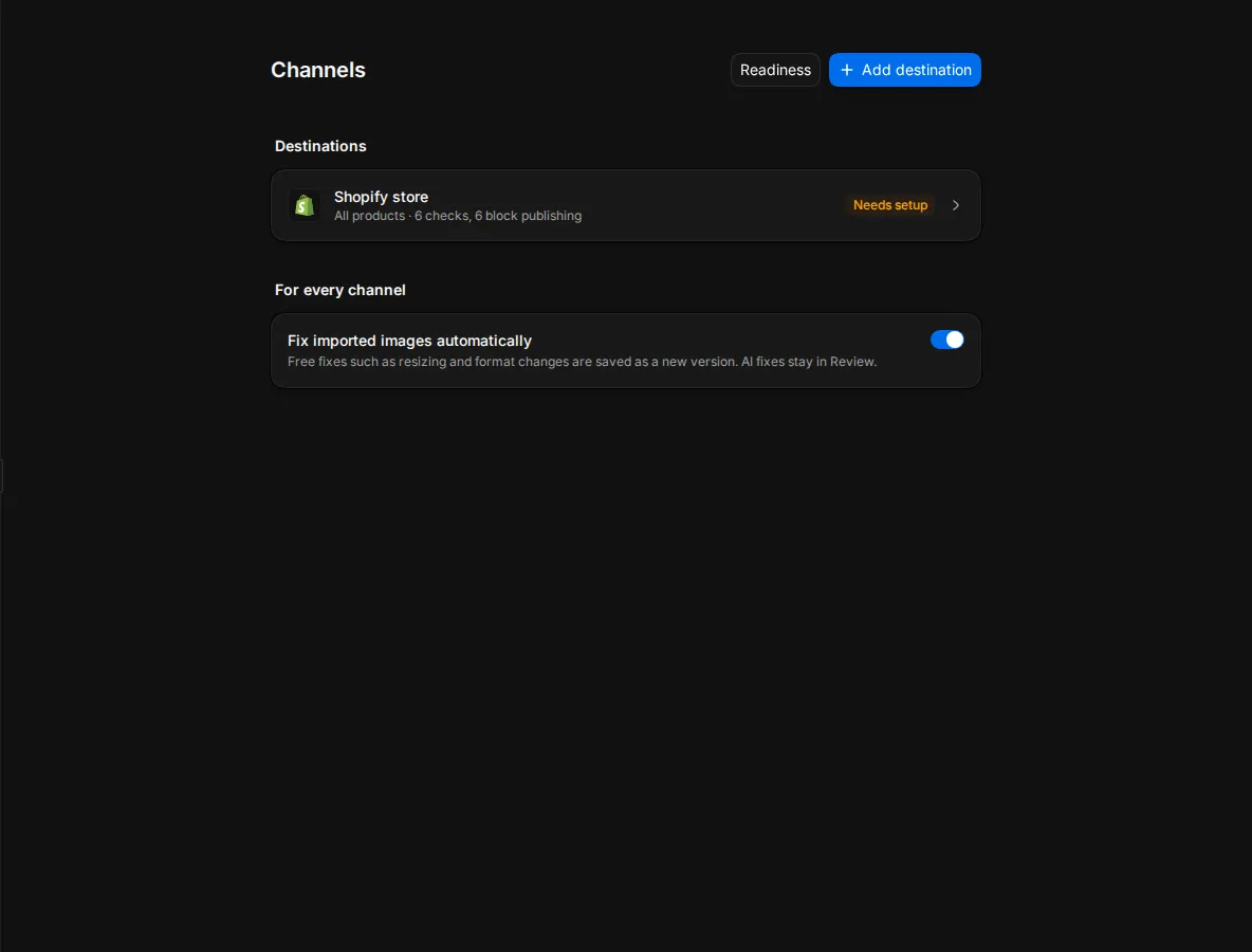 The Channels settings page with a Shopify store and a CSV feed in the Destinations list