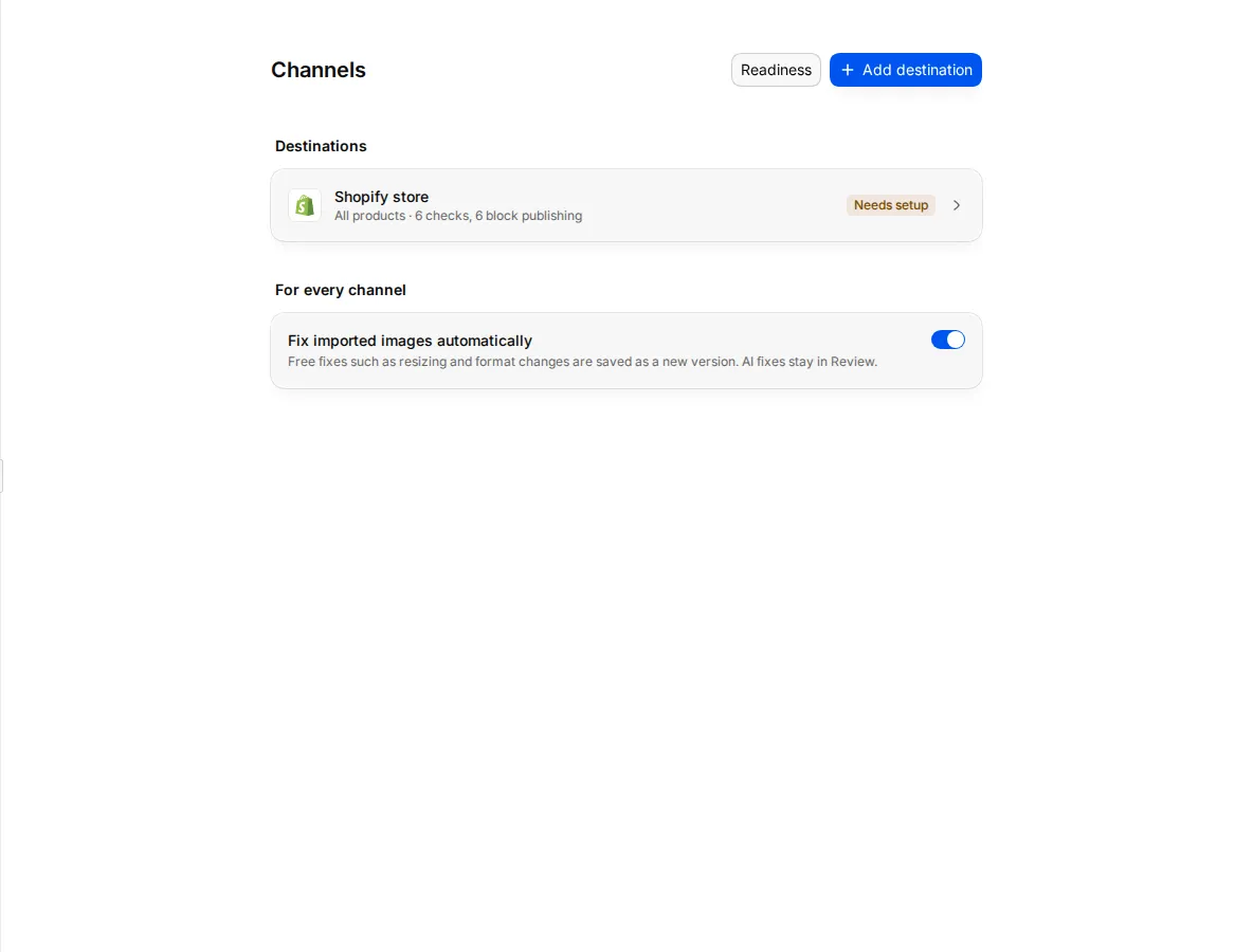 The Channels settings page with a Shopify store and a CSV feed in the Destinations list