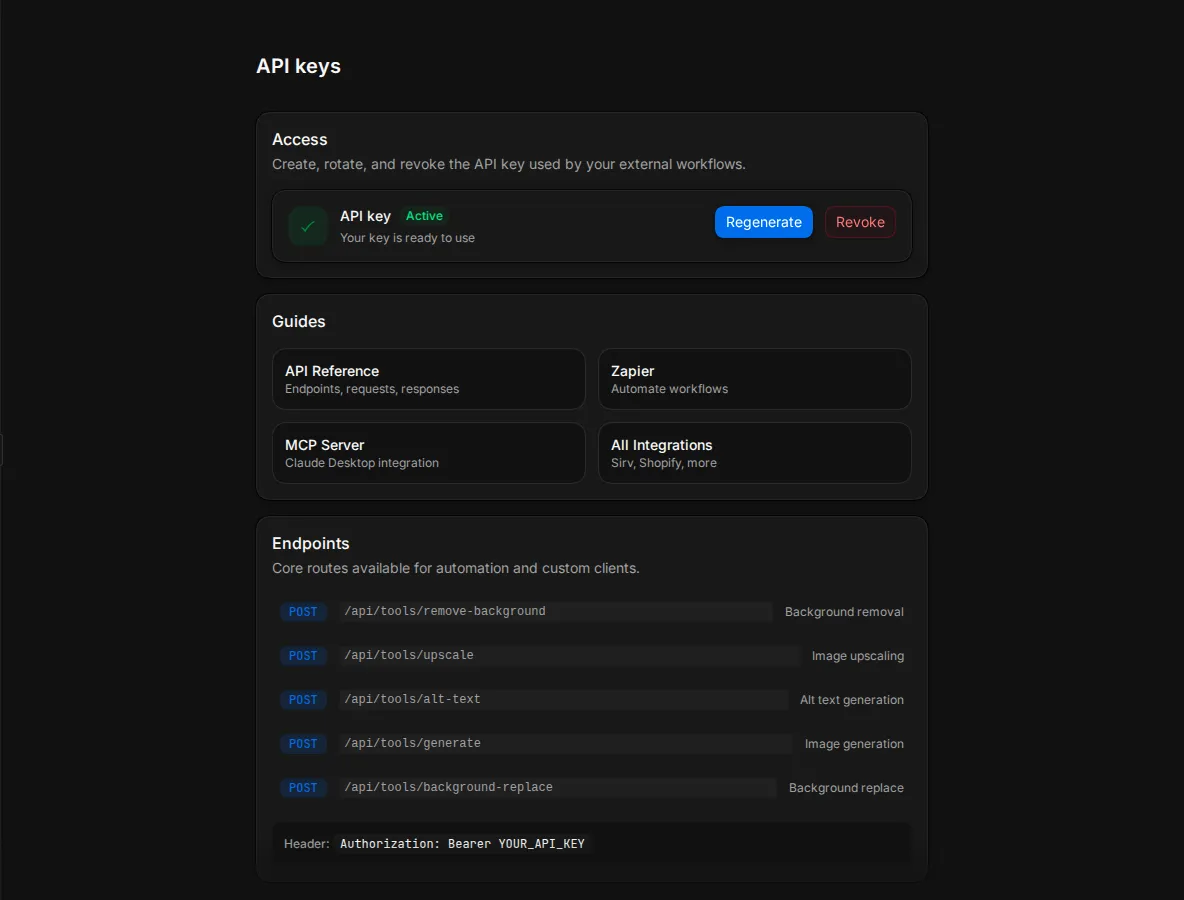 The API keys settings page with an active key