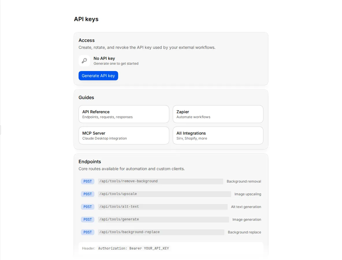 The API keys settings page with an active key