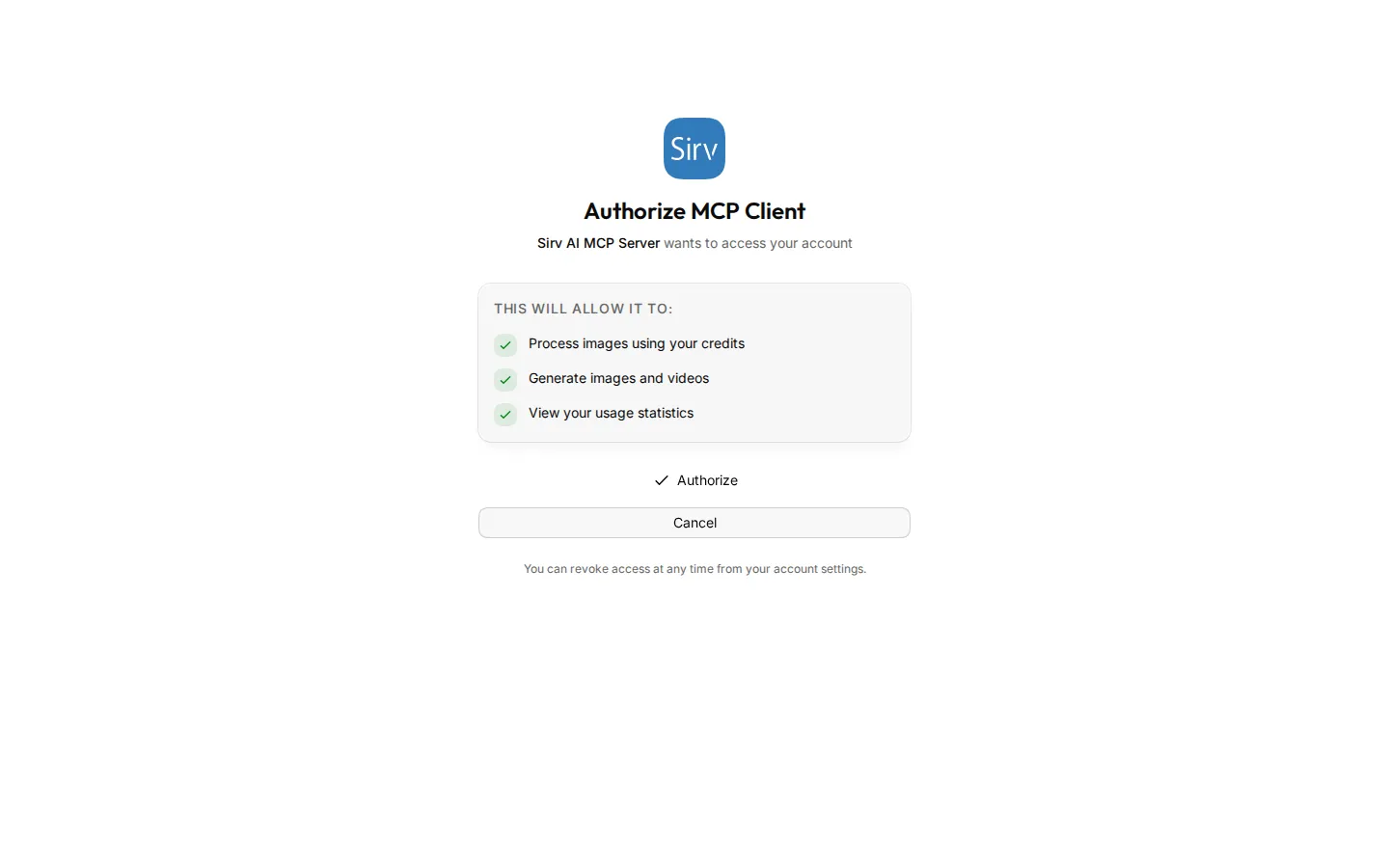 The consent page where you authorise the MCP server