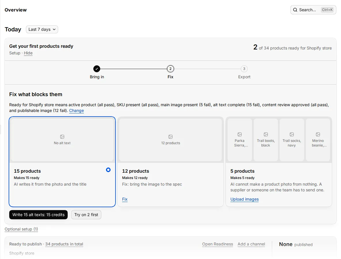 The launch path card on Today, open on step 2, with gap cards and the fix button
