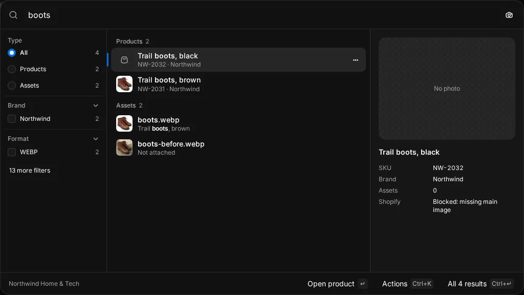 The search box open with results grouped by type