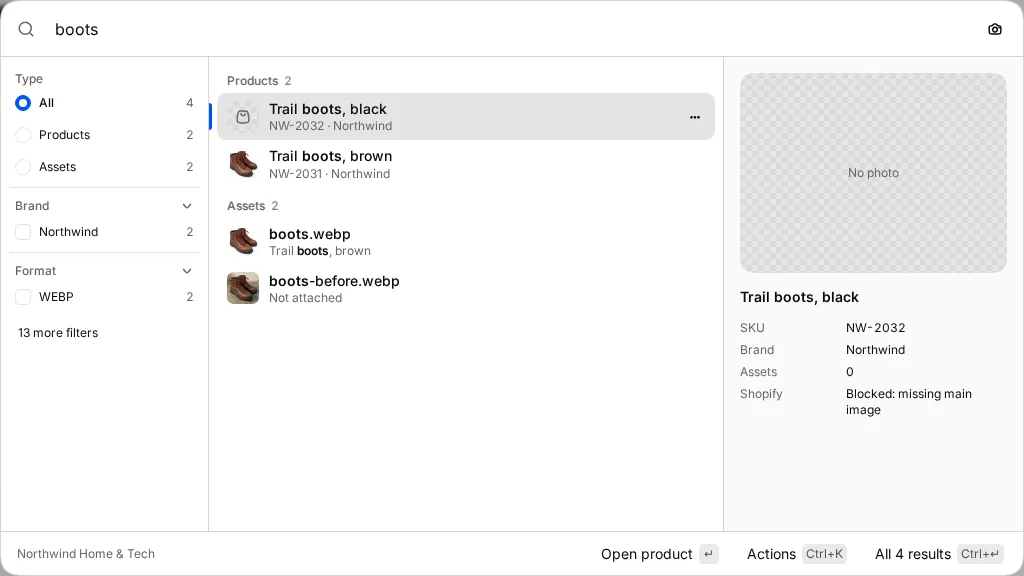 The search box open with results grouped by type
