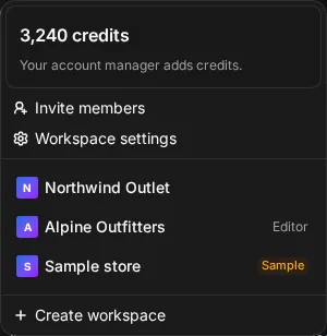 The workspace menu open with credits, actions and the workspace list