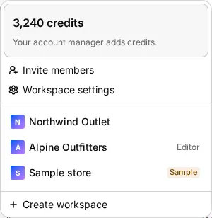 The workspace menu open with credits, actions and the workspace list