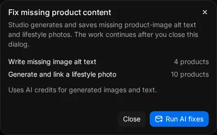 The Fix missing content dialog listing alt text and lifestyle image gaps with product counts