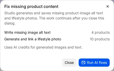 The Fix missing content dialog listing alt text and lifestyle image gaps with product counts