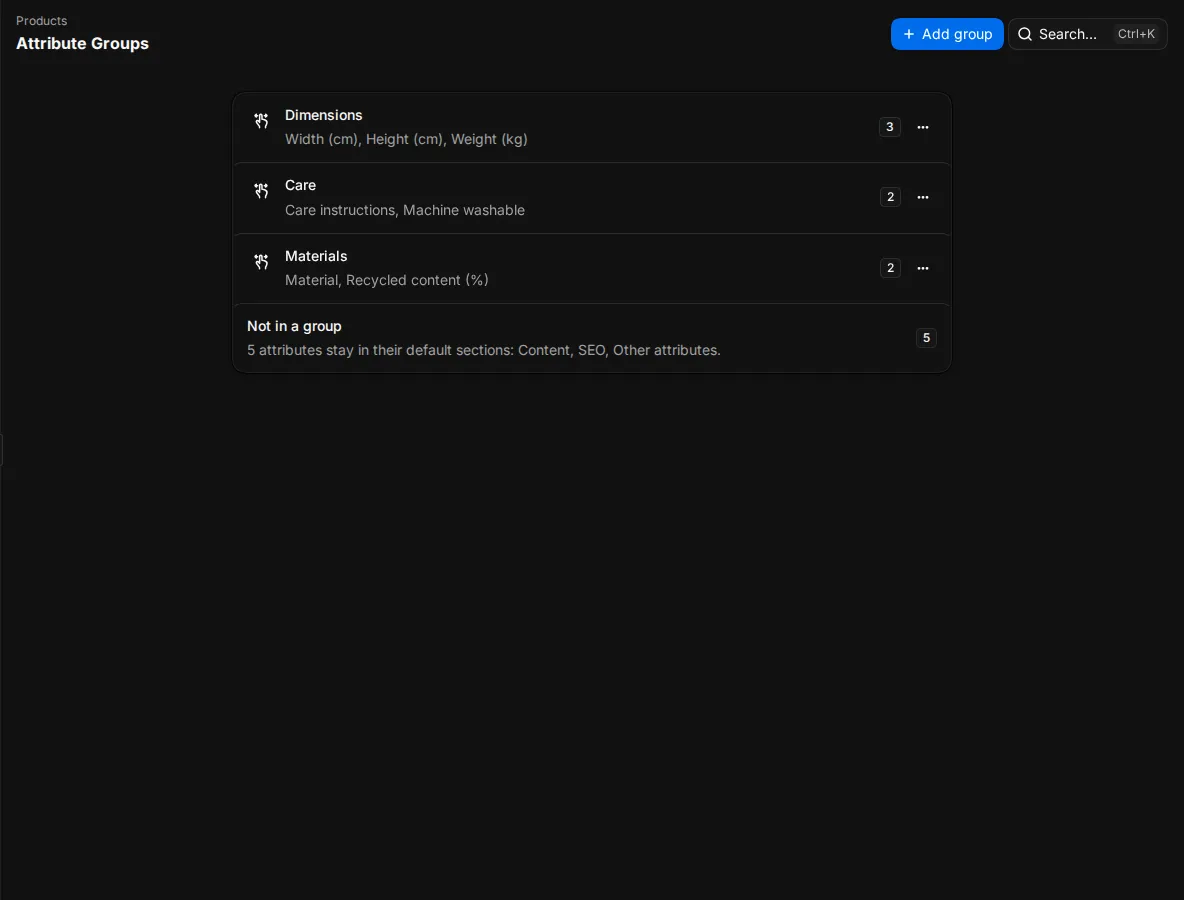 The Attribute groups page with three groups in order and the Not in a group list