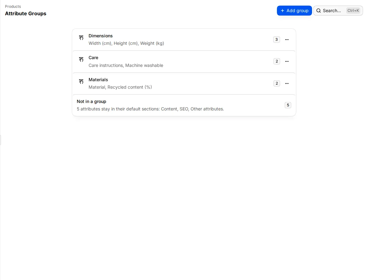 The Attribute groups page with three groups in order and the Not in a group list