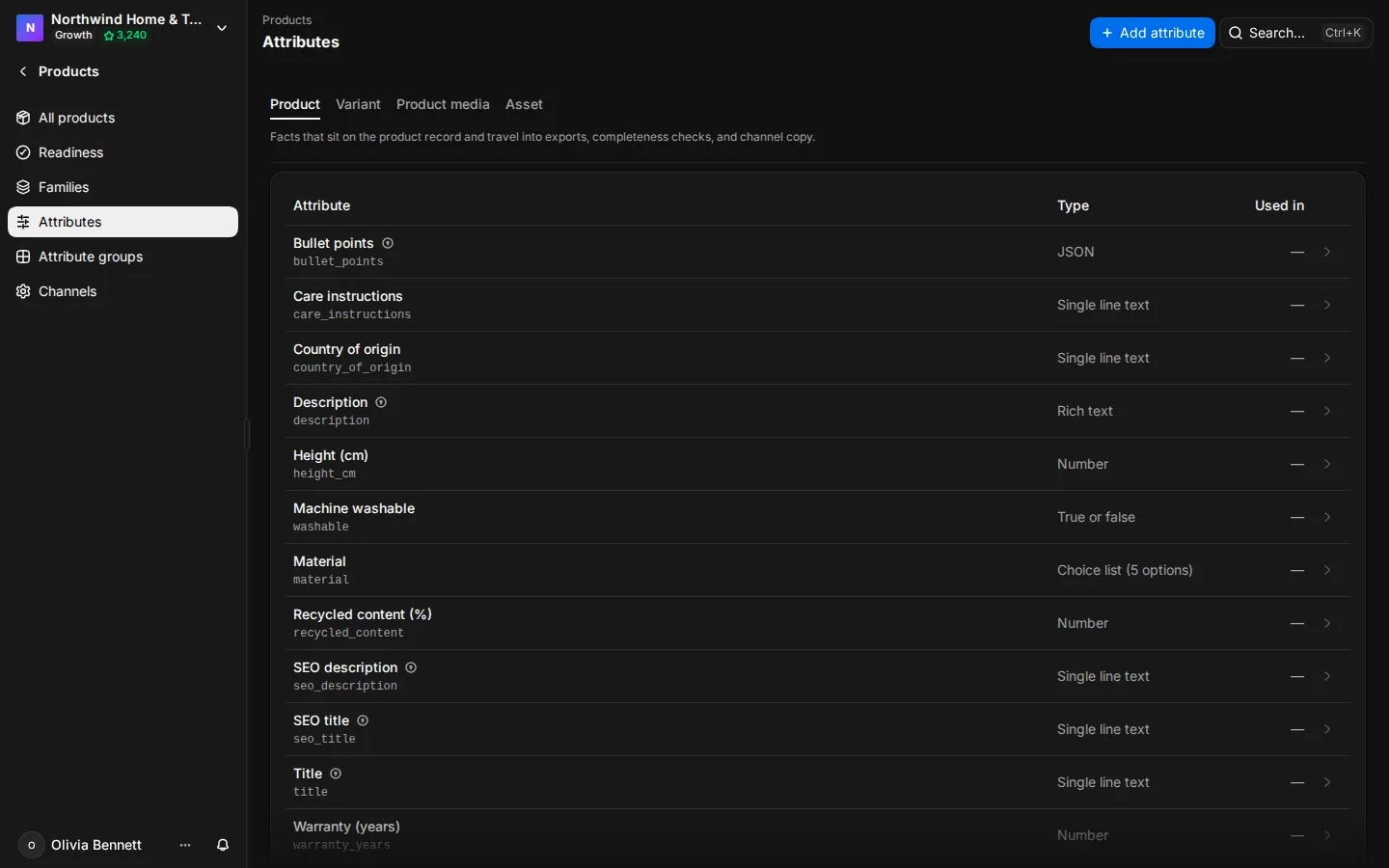 The Attributes page on the Product tab with the attribute list and the Add attribute form