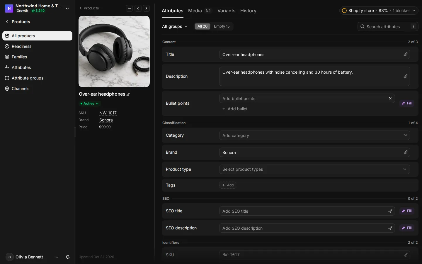 The product page on the Attributes tab, with the rail on the left and the group and language menus above the fields