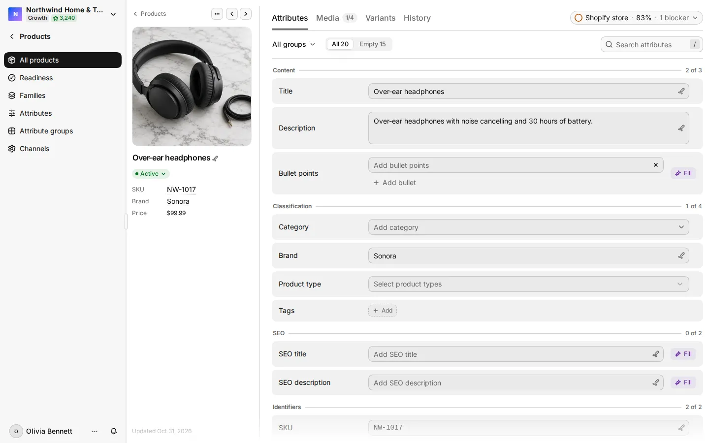 The product page on the Attributes tab, with the rail on the left and the group and language menus above the fields