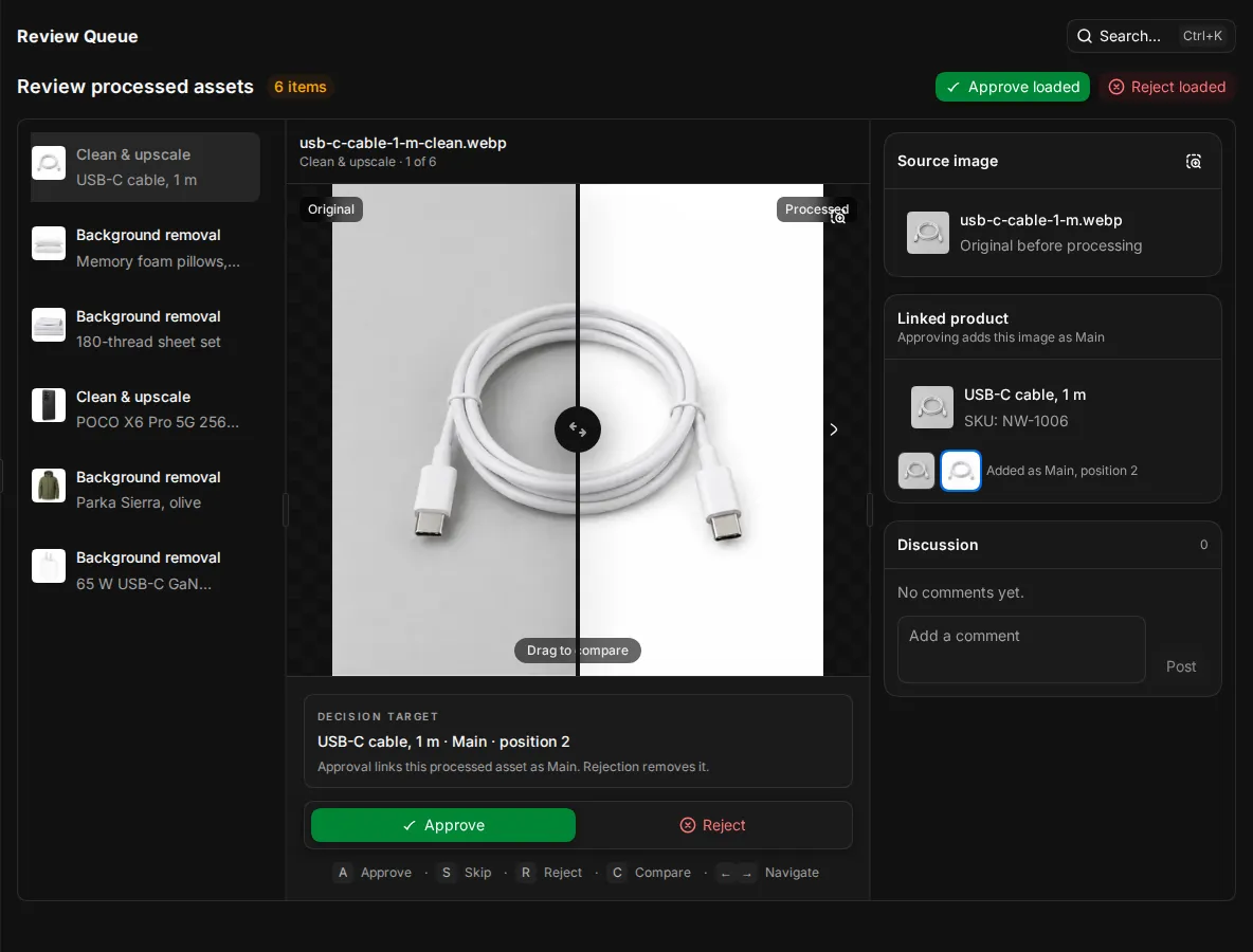 Review on the AI results tab with the original and processed images side by side and the decision target line