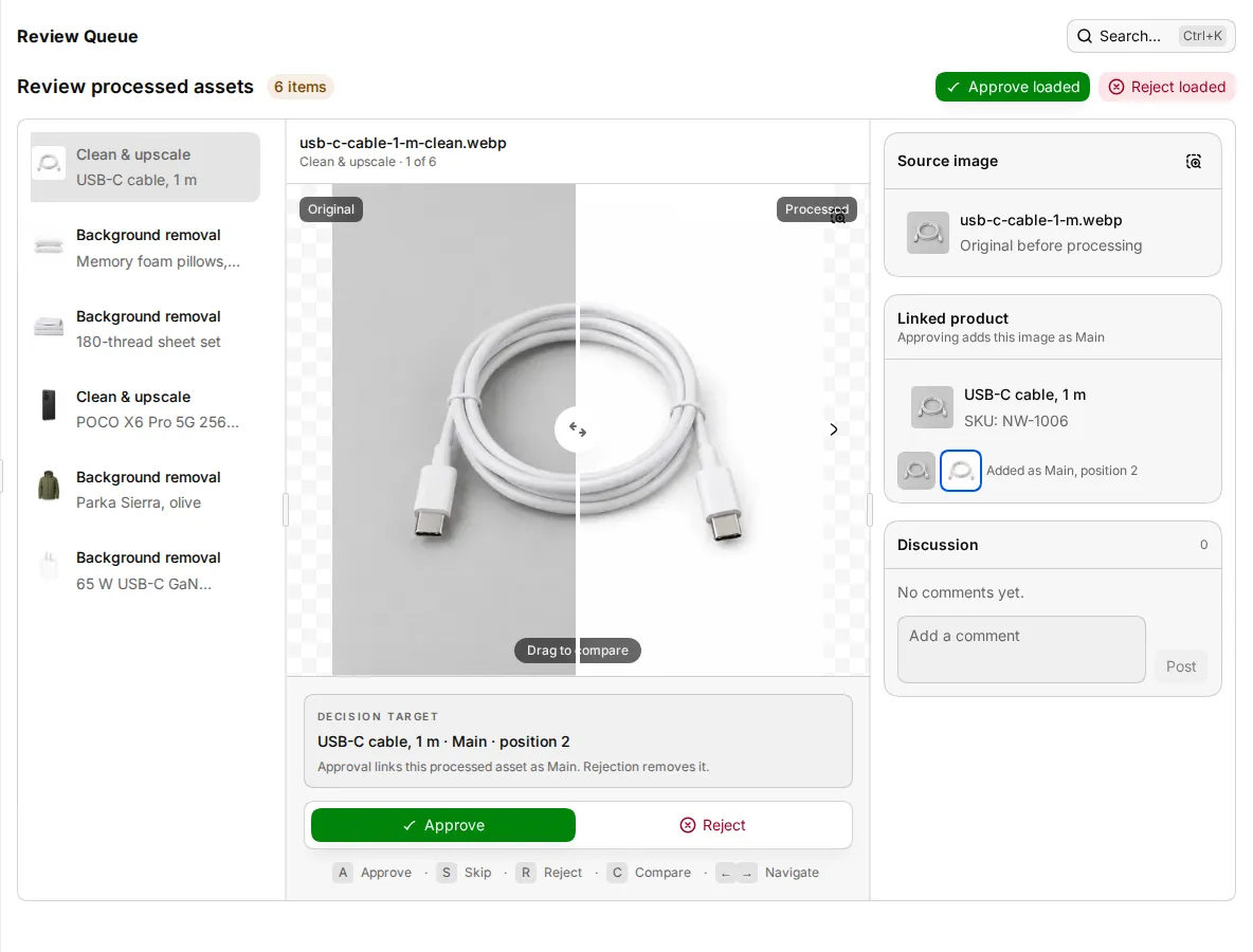 Review on the AI results tab with the original and processed images side by side and the decision target line