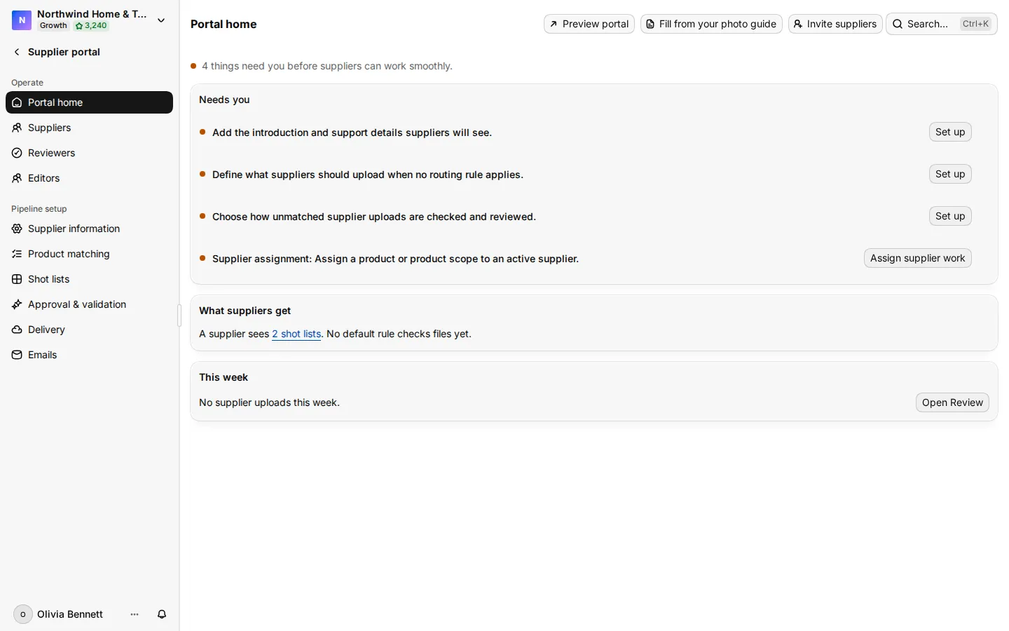 Portal home with the setup list and the What suppliers get card