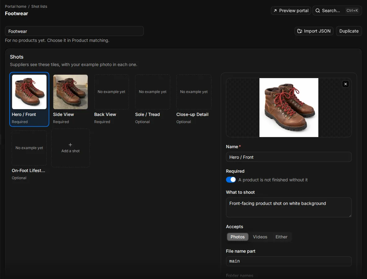 A shot list open in the editor with its shots, roles and example photos