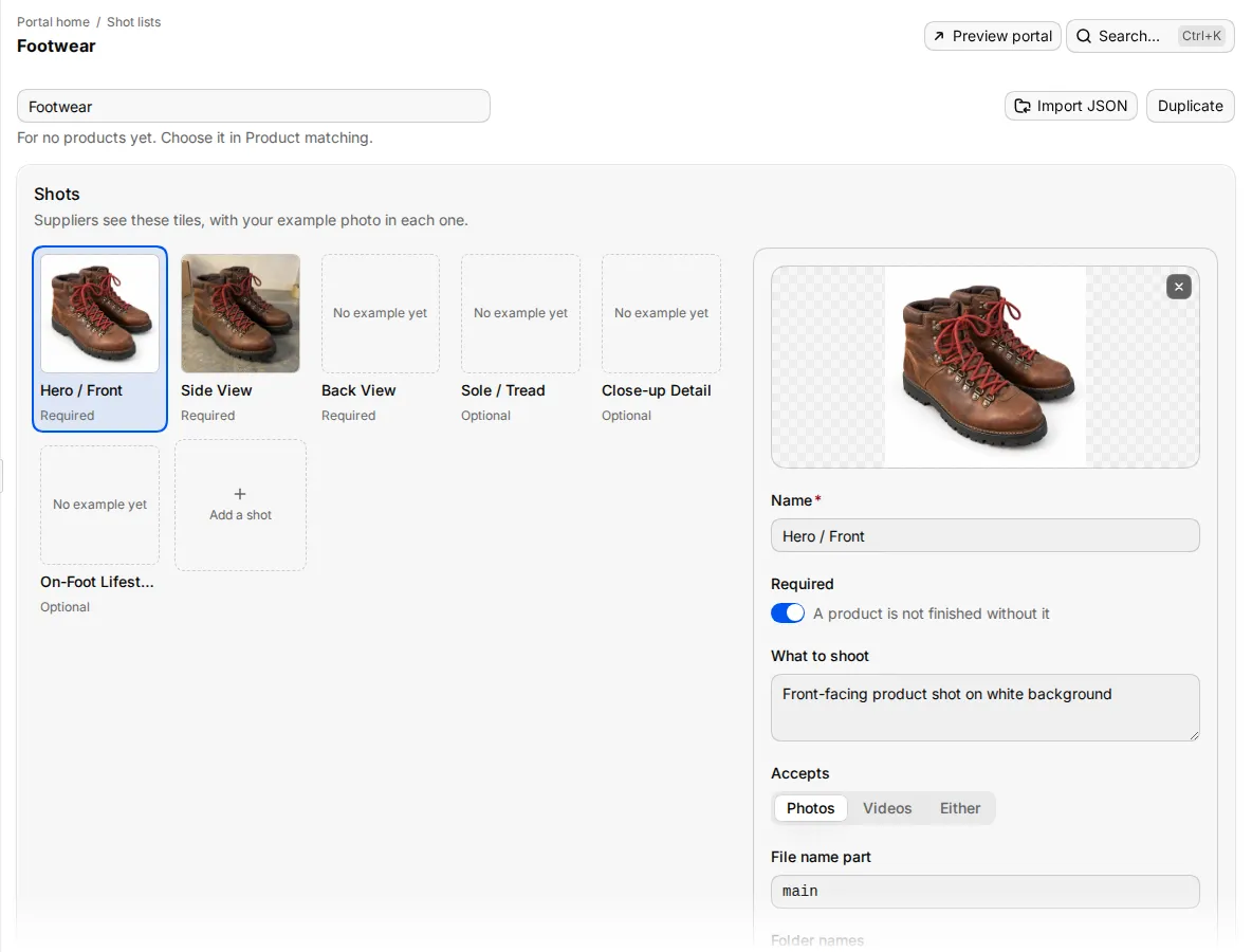 A shot list open in the editor with its shots, roles and example photos