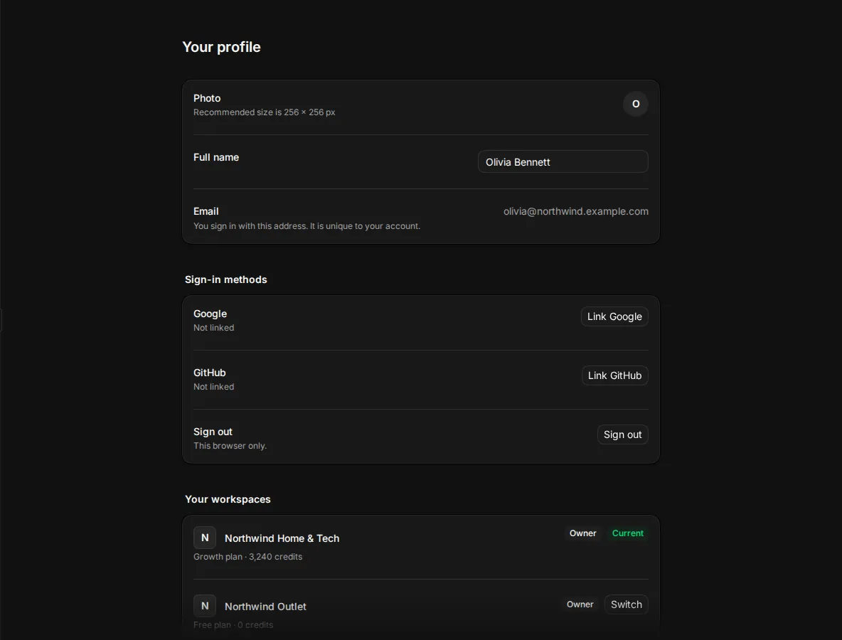Settings Profile with the photo, name, email and sign-in methods