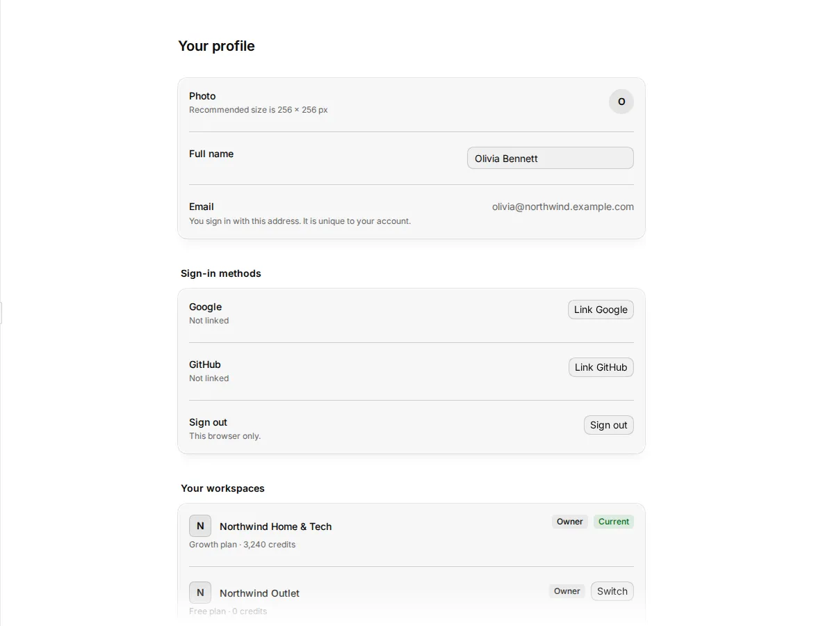 Settings Profile with the photo, name, email and sign-in methods