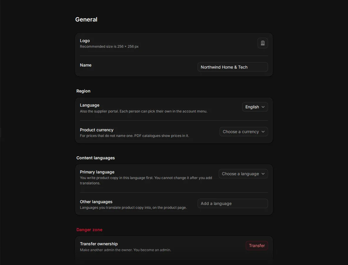 Settings General with the logo, name, region and content language rows