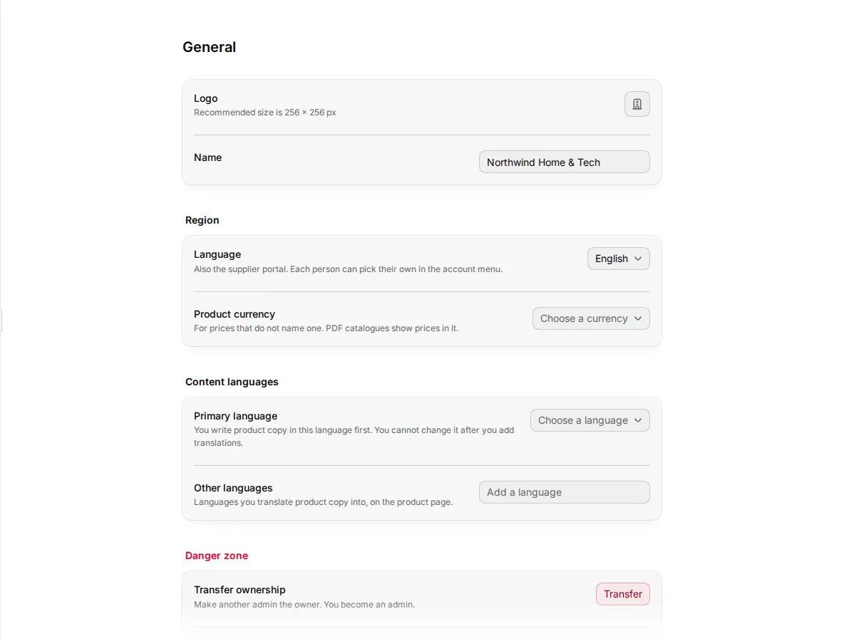 Settings General with the logo, name, region and content language rows