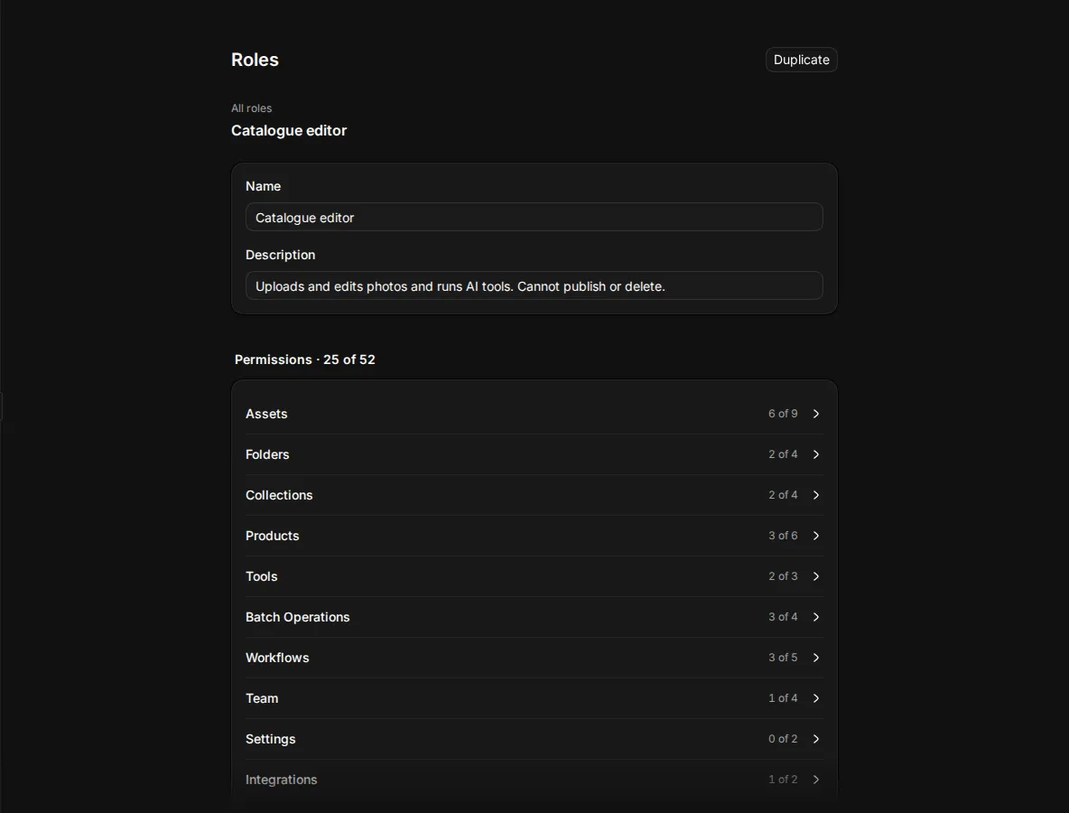 A custom role's page with its permission groups open