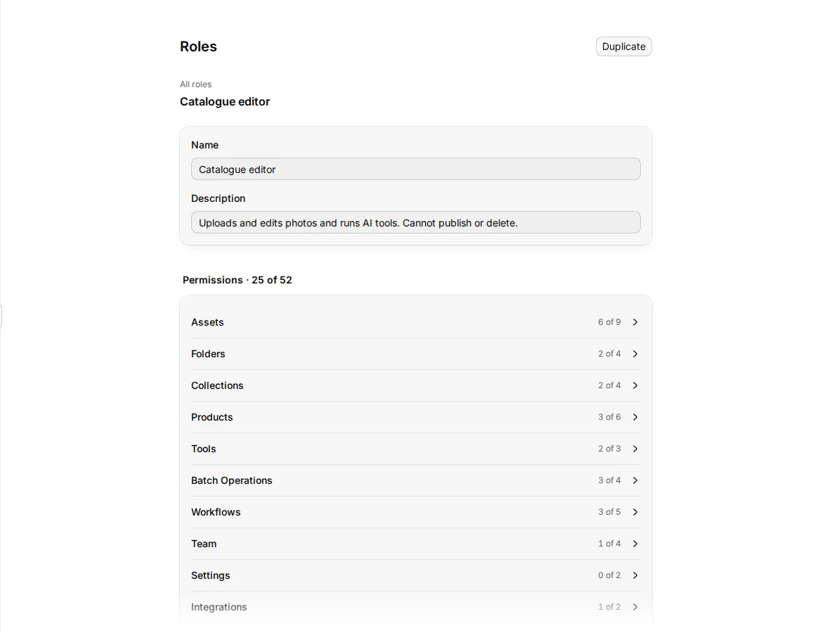 A custom role's page with its permission groups open