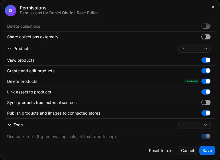 The Permissions dialog for one member with an override switched on
