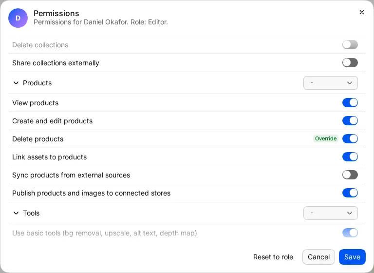 The Permissions dialog for one member with an override switched on