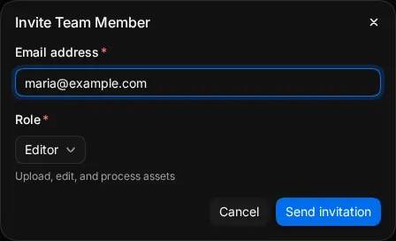 The Invite Team Member dialog with an email and the Editor role