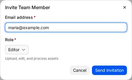 The Invite Team Member dialog with an email and the Editor role