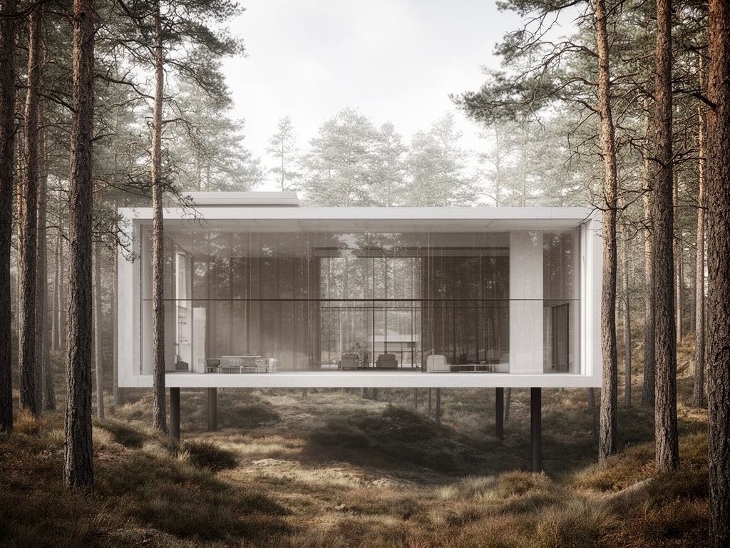 Modern minimalist house, glass walls, forest setting