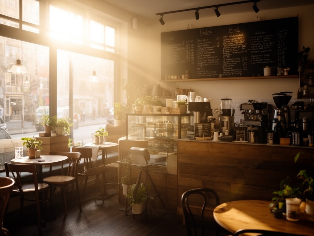 Cozy coffee shop interior, morning light