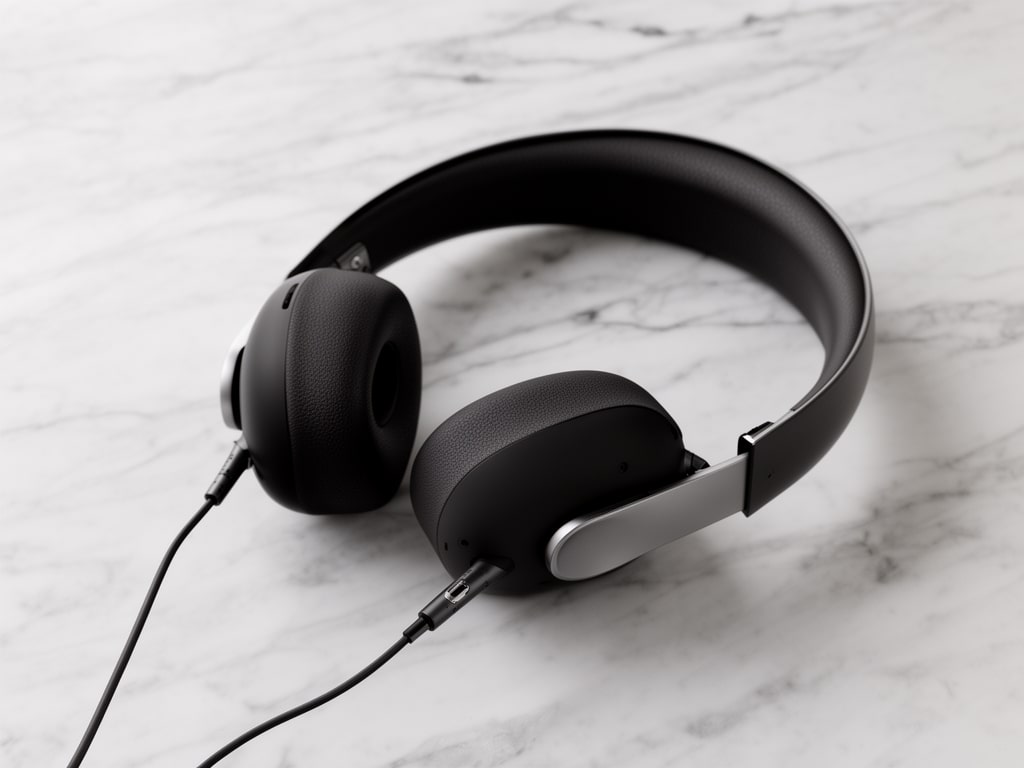 Minimalist product shot of headphones on marble surface